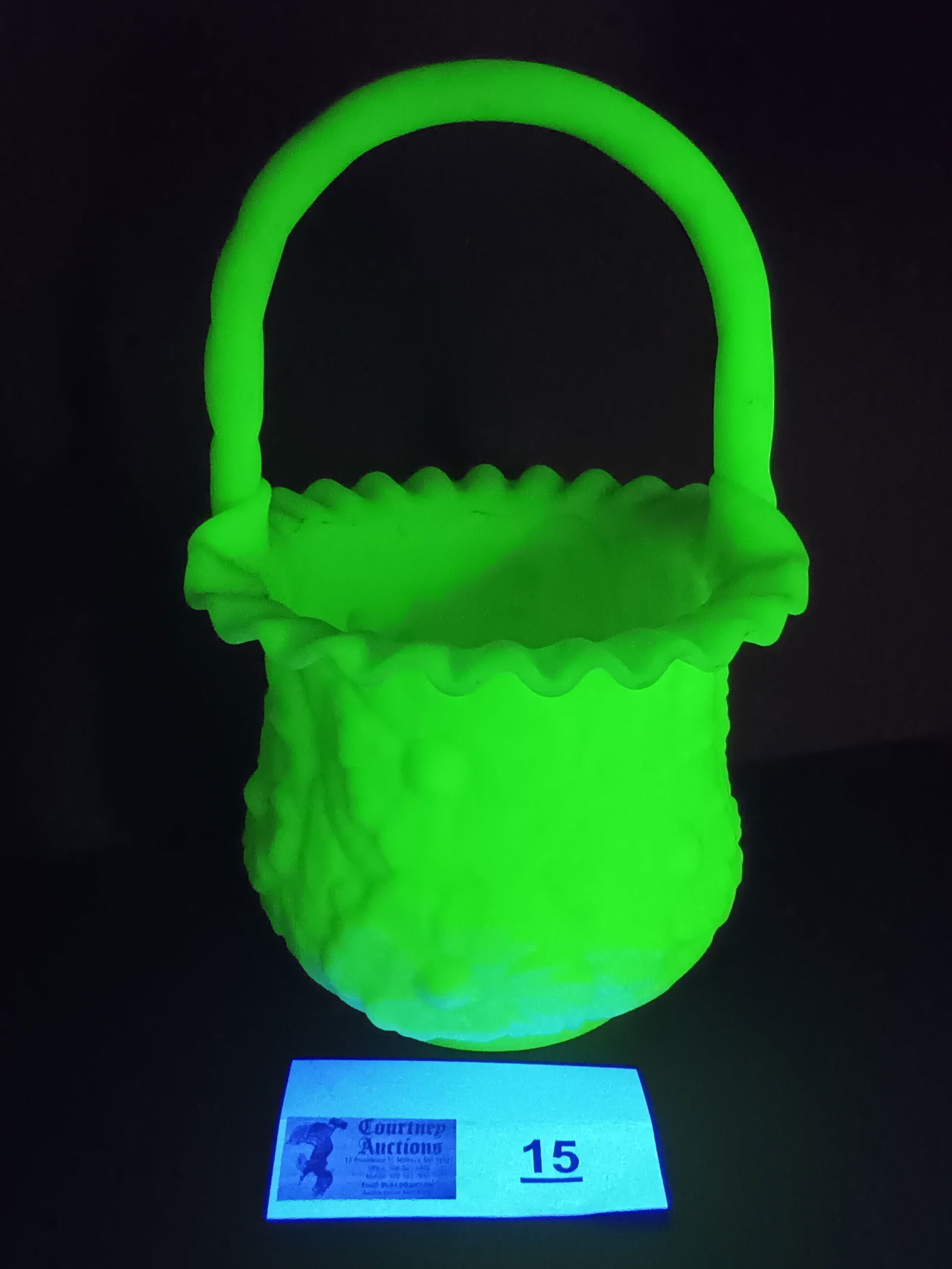 Beautiful Vintage Satin Green Vaseline Uranium Art Glass Basket Fenton, 9 1/2" x 6" x 7" (1 of 8)