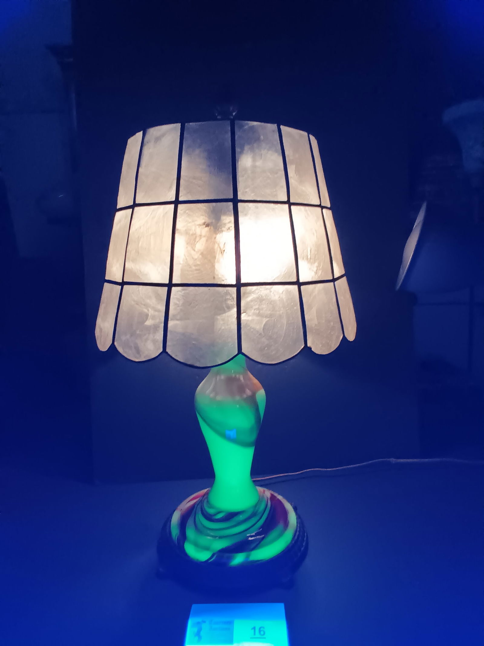 Vintage Slag Uranium Art Glass Art Deco Table Lamp w/ Mica Shade, 19" x 11" x 8" (1 of 12)