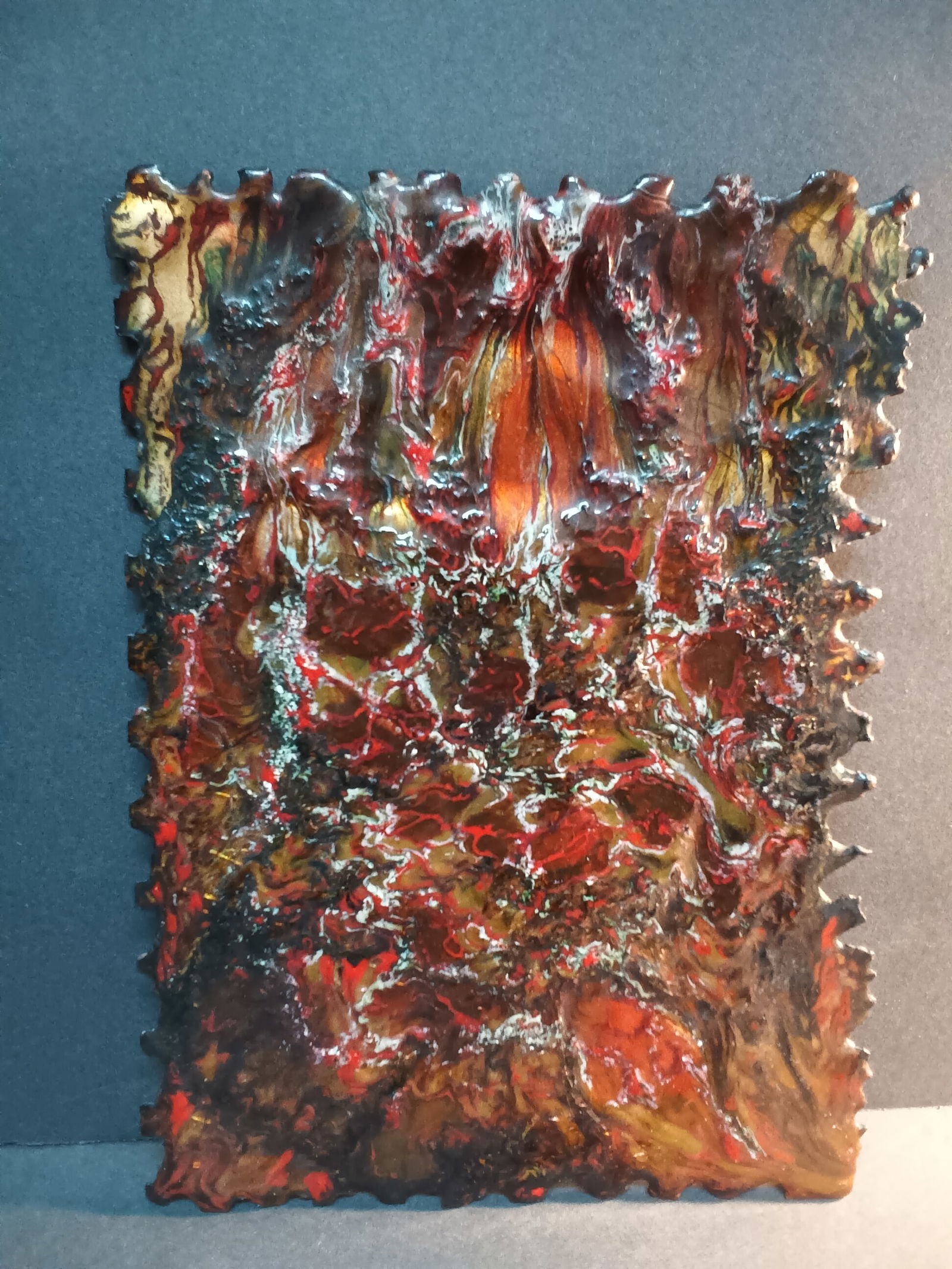 Bizarre enameled copper plaque abstract with unusual edging , 10 1/2" x 7 3/4" FIRE (1 of 11)