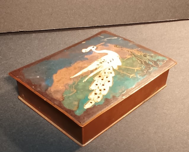 Interesting enameled top Copper & wood lined box w/ Peacock, Initialed JC, Cigarettes humidor (1 of 7)