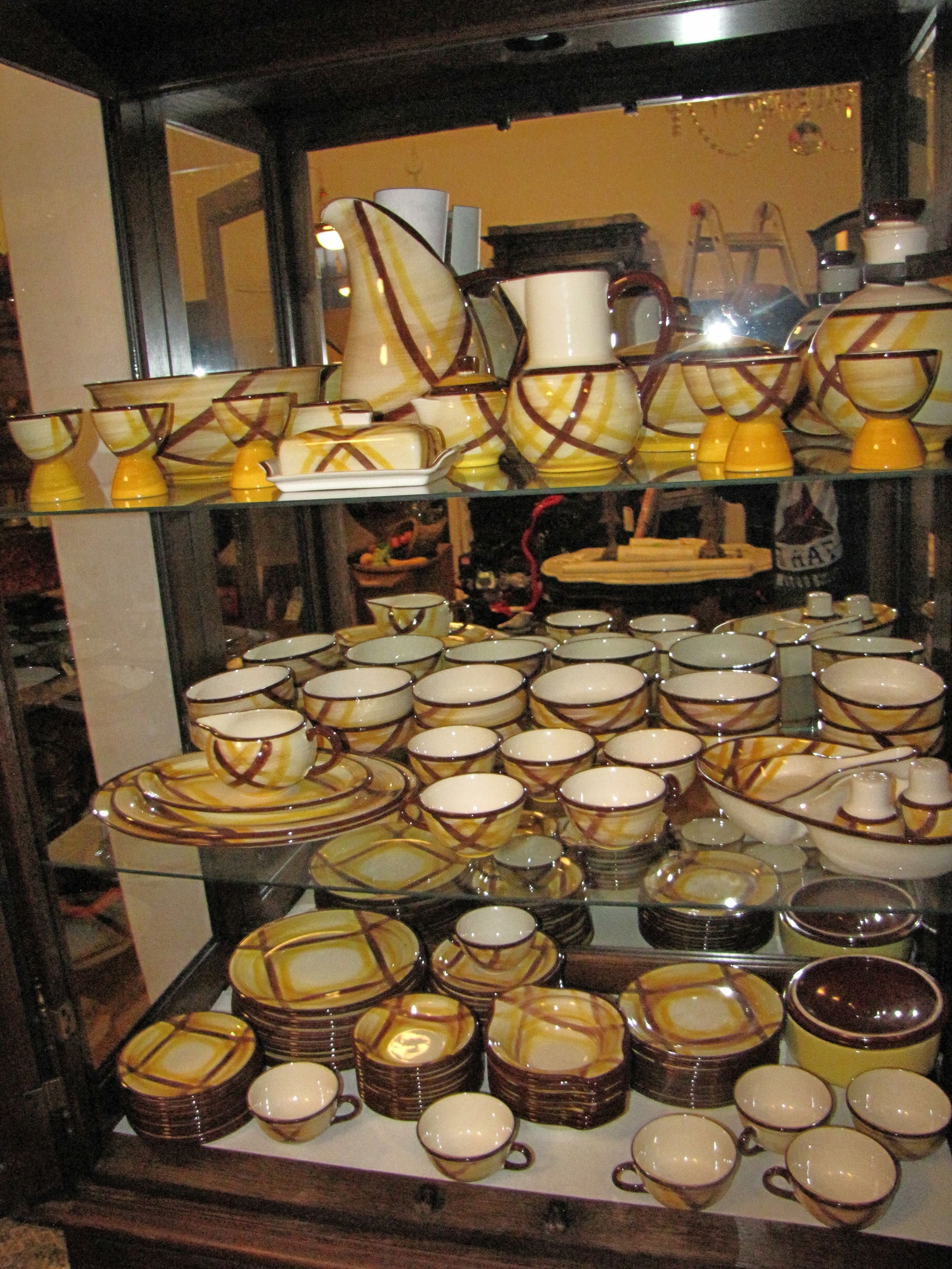 116 piece MCM Vernon Kilms California dinnerware service, yellow with plaid brown strips: 116 piece MCM Vernon Kilms California dinnerware service, yellow with plaid brown strips. Although I have all the peices for a complete service for twelve (12), three (3) of the bowls with handles and