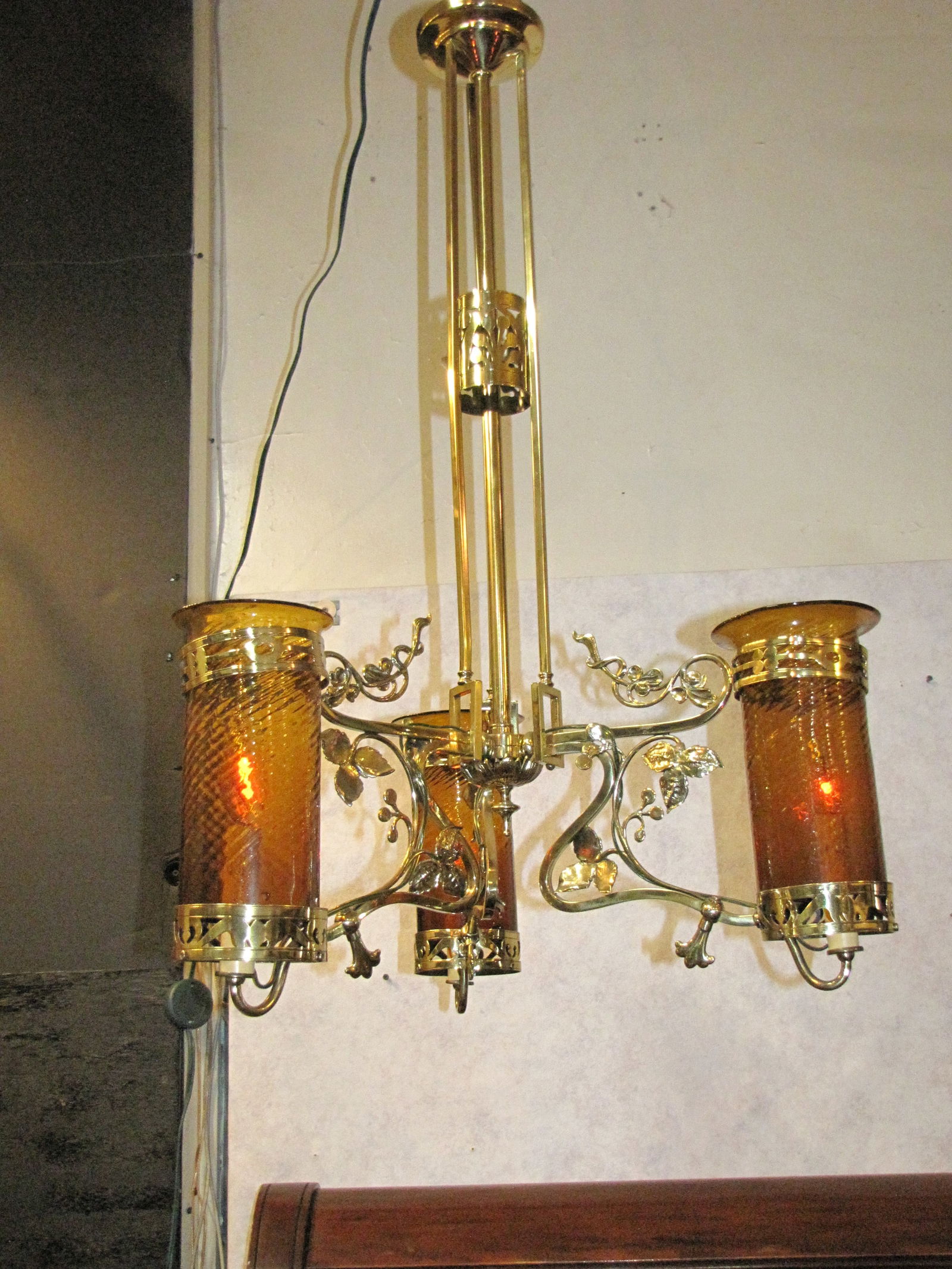 Antique restored electrified Art Nouveau 3 arm Gas chandelier w/ Amber Cylender Gas shades (1 of 10)