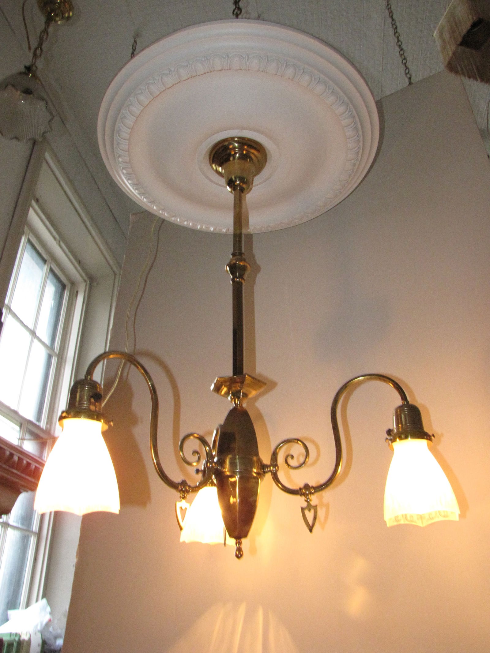 Antique restored electrified 3 arm Down Burning Gas chandelier w/early etched electric shades (1 of 8)
