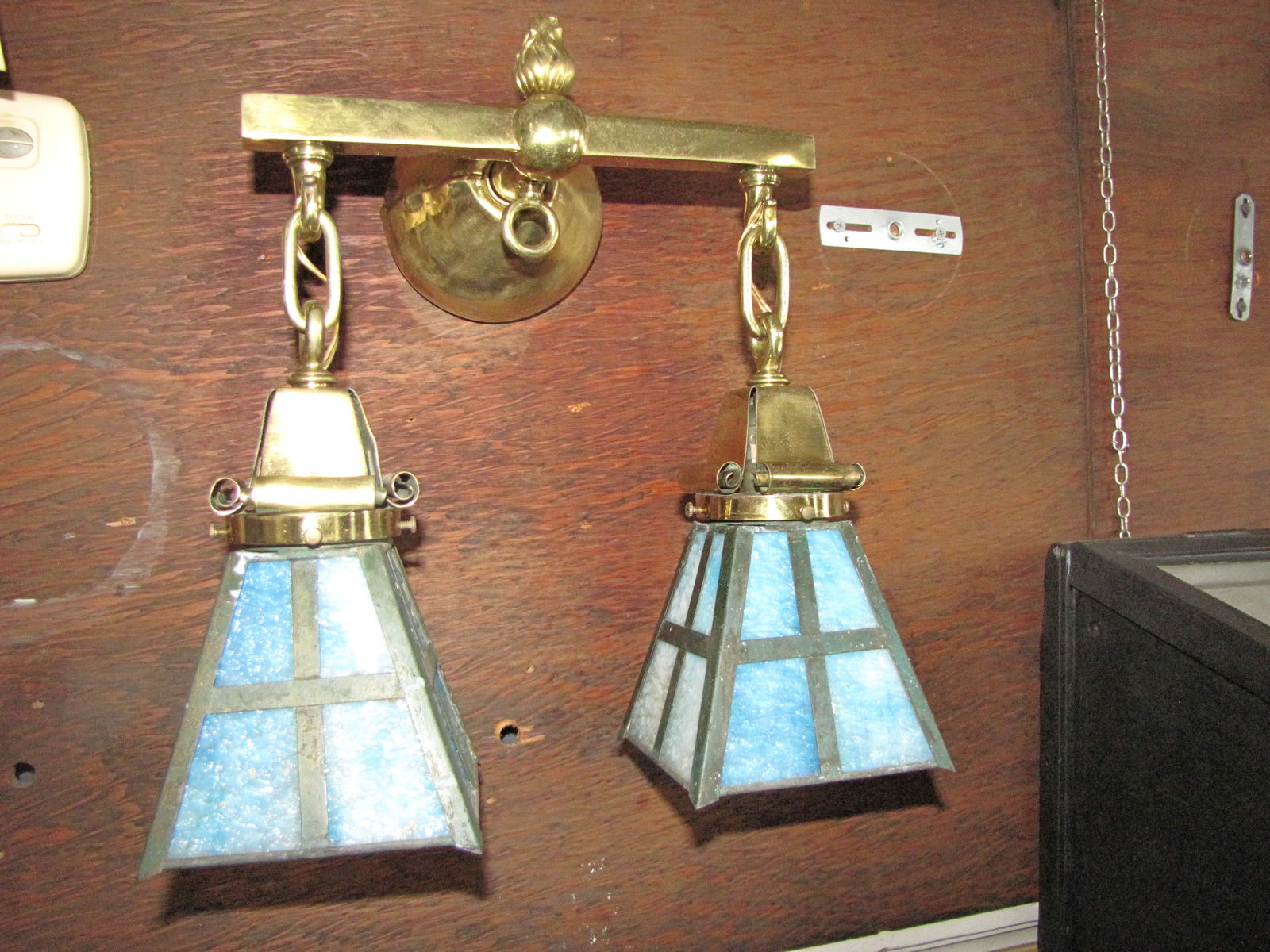 Antique restored Brass Mission Gas & Electric Wall sconce w/Flame top burner & Panel shades (1 of 13)