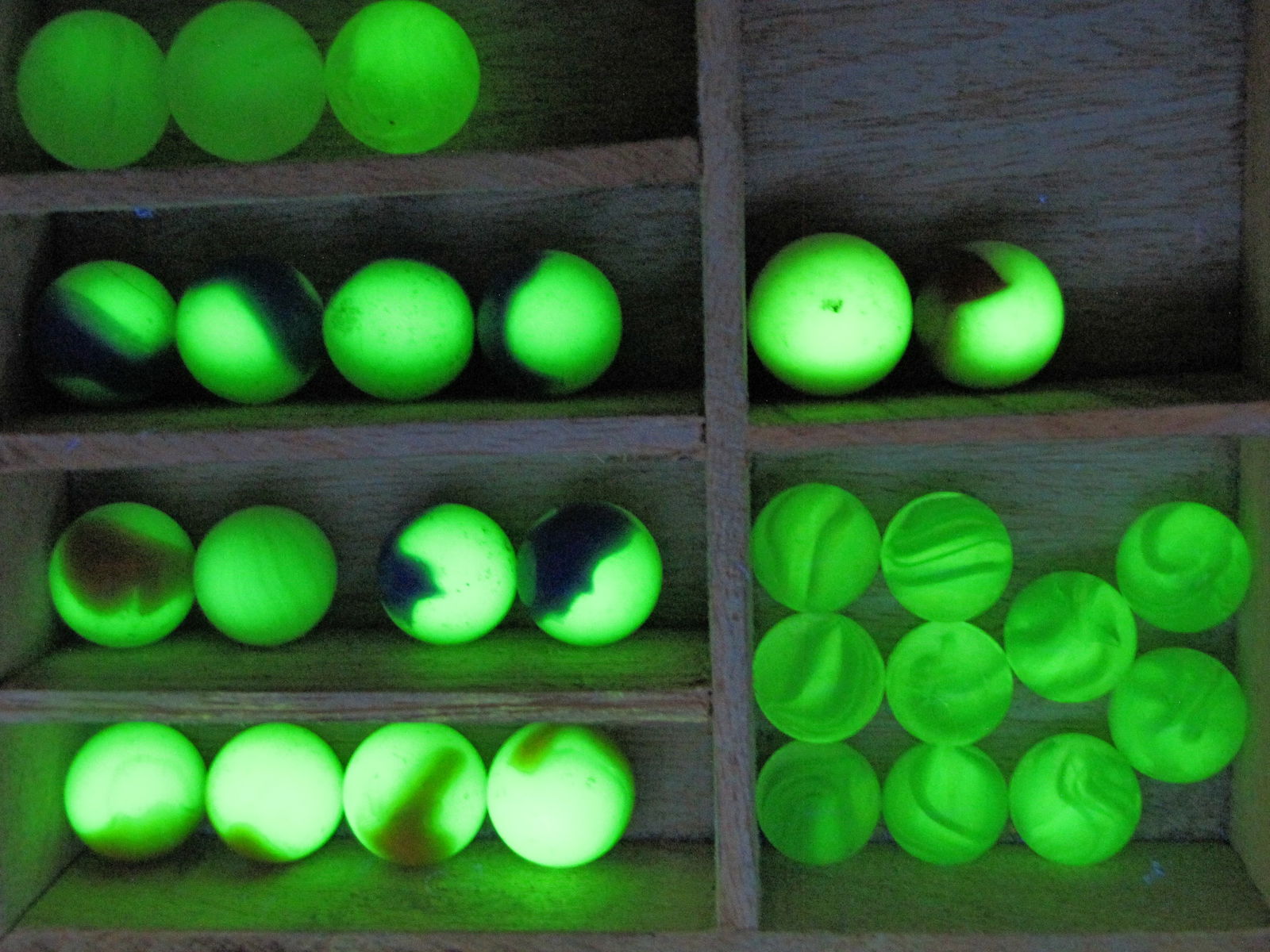 Vintage Glass Marbles - Glowers, Uranium glass Singles, Pairs, sets of 5, 6 & 10, 5/8" - 11/16": Vintage Glass Marbles - Glowers, Uranium glass Singles, Pairs, sets of 5, 6 & 10, 5/8" - 11/16" - 27 Total marbles. I only had these marbles left to take photos of and my camera is malfunctioning. I s