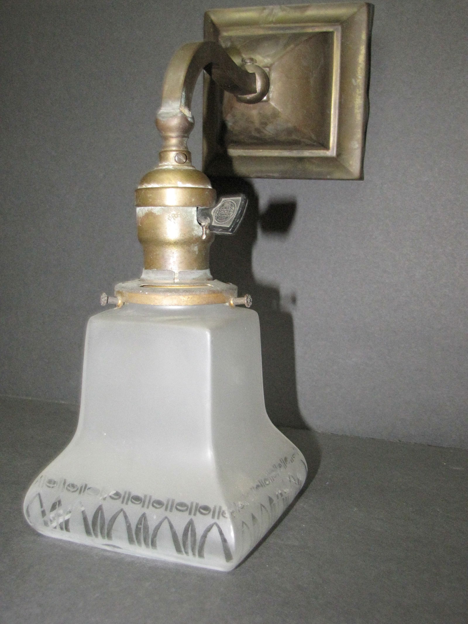 Antique Mission Brass single arm wall sconce w/etched glass shade & Hubbell Turn Key Socket (1 of 8)