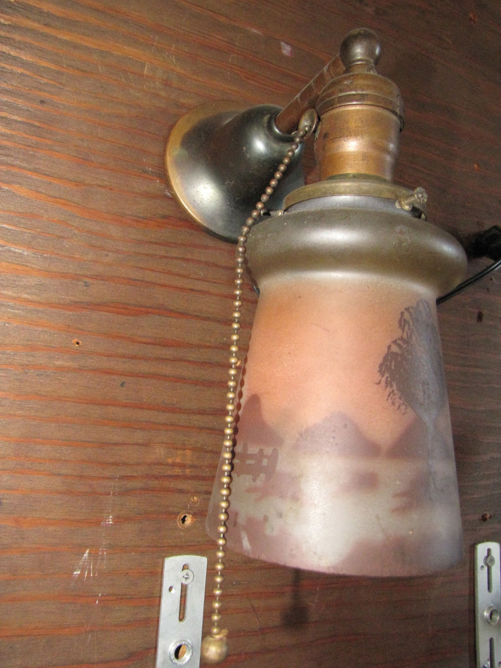 Antique Brass single arm wall sconce with landscape painted shade & great dark patina (1 of 7)