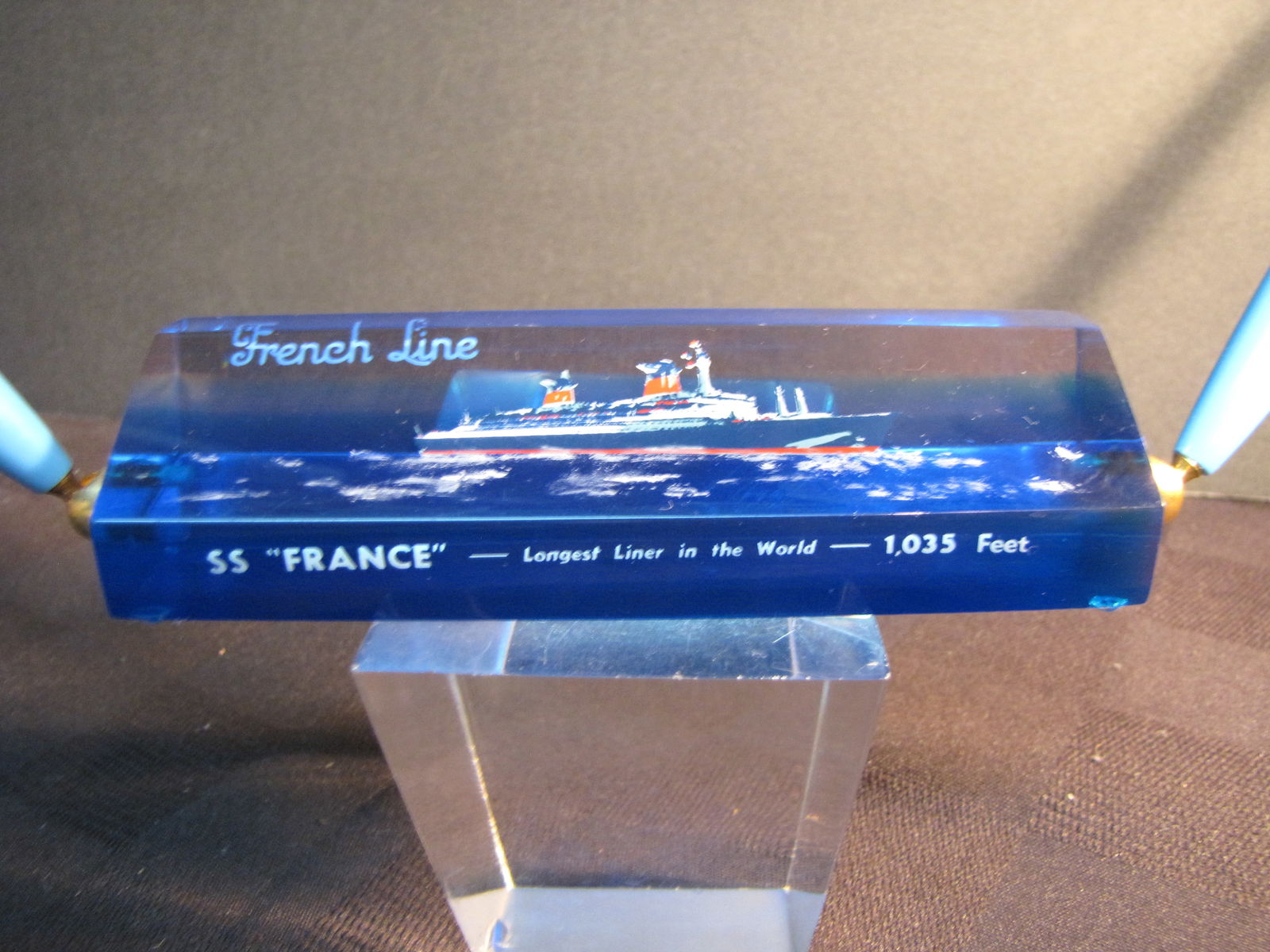 Cool RARE SS France French Ocean Liner Double Pen Holder Souvenir, Longest in 1960 (1 of 5)