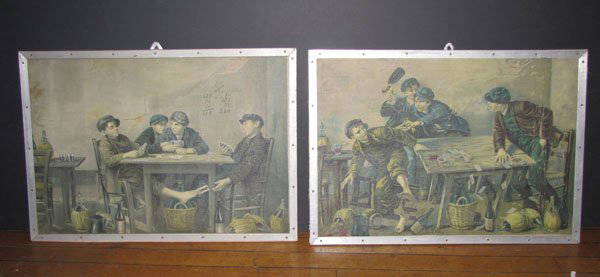 2 LITHOS ON CANVAS OF BOYS PLAYING CARDS 5501: Two lithographs on canvas of boys playing cards. The first shows 2 of the boys passing cards under the table. The second shows the other boys reacting to the other 2 cheating. These are not framed