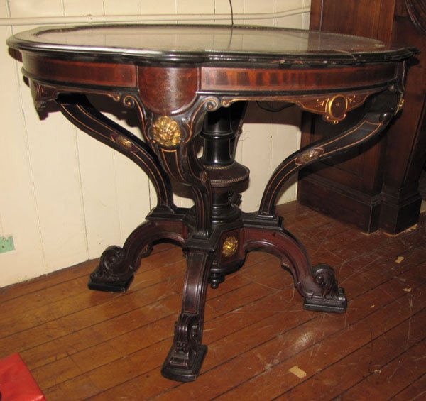 POTTIER AND STYMUS MARBLE TOP RENAISSANCE TABLE 5495: Stunning Renaissance table attribute to Pottier & Stymus with detailed bronze floral mounts, gold incising, purple marble top and lovely floral inlay throughout. Dimensions: 29"H x 37 1/2"W x 34"D. Ag