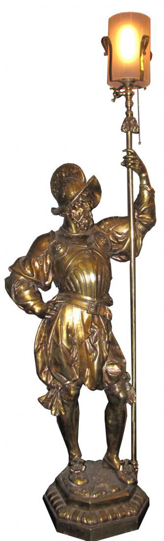 LG BRASS NEWELL POST LIGHT OF KNIGHT HOLDING POLE 5284: Incredible large Brass gas newel post of distinguished Knight holding pole that it is the light post. The knight is detailed with a hat, draped clothing with a chest shield and shoes. The light has a