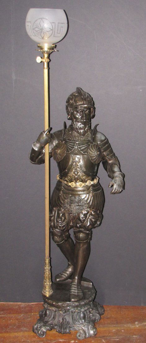 LARGE SPELTER GAS NEWEL POST LIGHT OF KNIGHT 5285: Incredible large white metal gas newel post of distinguished Knight holding pole that it is the light post. The knight is detailed with a helmet and amour throughout his body. The light has a lovely f