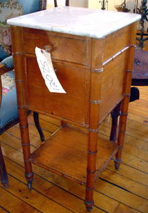 FAUX BAMBOO NIGHTSTAND W MARBLE TOP 12075: Faux Bamboo nightstand with white marble top. LOT # 12075 Dimensions: 31.5" H x 14.5" W x 14.5" D Age: C. 1890 Material: Faux Bamboo & Marble