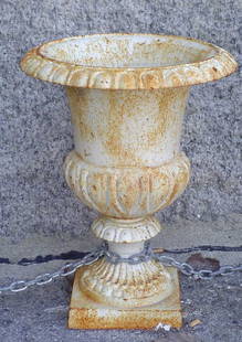 CAST IRON WHITE URN WITH NO BASE 611A: Cast iron white urn with no base. LOT # 611A Dimensions: 20" H x 15" W Age: Contemporary Material: Cast Iron