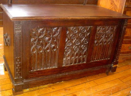 Oak GOTHIC TRUNK / CHEST 13778C: Incredible arch motif carved oak hope chest. LOT # 13778C Dimensions: 25.5" H x 43" W x 20" D Age: C. 1880 Material: Oak