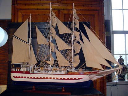 LARGE MODEL SAIL BOAT INTRICATE DETAILS 521: Contemporary Oversized model sailboat intricately detailed down to the life preservers. LOT # 521 Dimensions: 60" W x 47" H Age: Contemporary Material: Wood & cloth