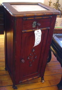 FAUX BAMBOO NIGHTSTAND MARBLE TOP 12488: Fine Faux Bamboo nightstand with inset white marble top. LOT # 12488 Dimensions: 33.5" H x 18" W x 14.5" D Age: C. 1880 Material: Faux Bamboo & Marble