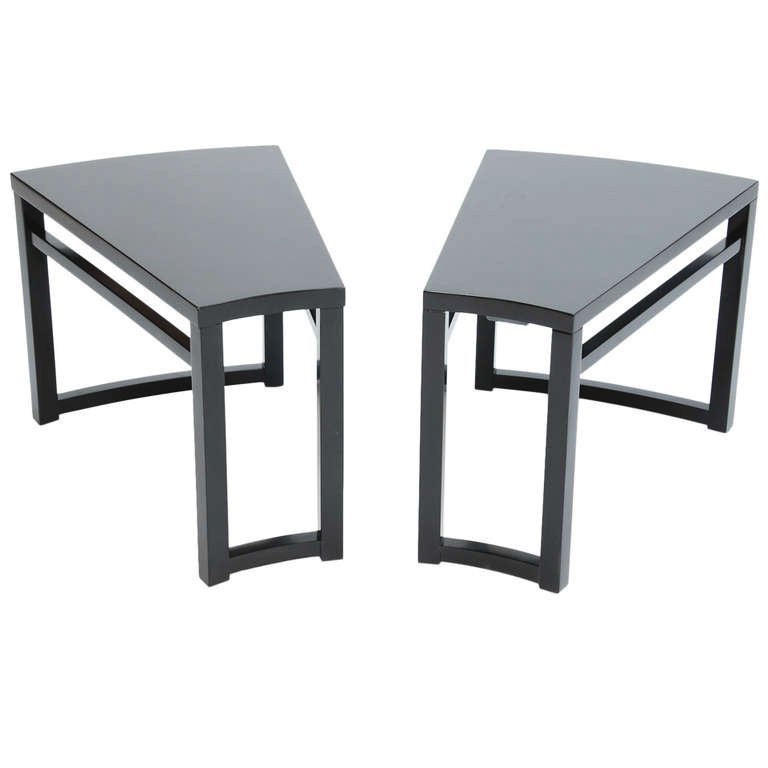 Pair of Paul Laszlo Wedge Side Tables: A pair of handsome wedge side tables by Paul Laszlo for Brown and Saltman. The tables have been black lacquered. The tables are the same except they are from different production runs and one is heavi