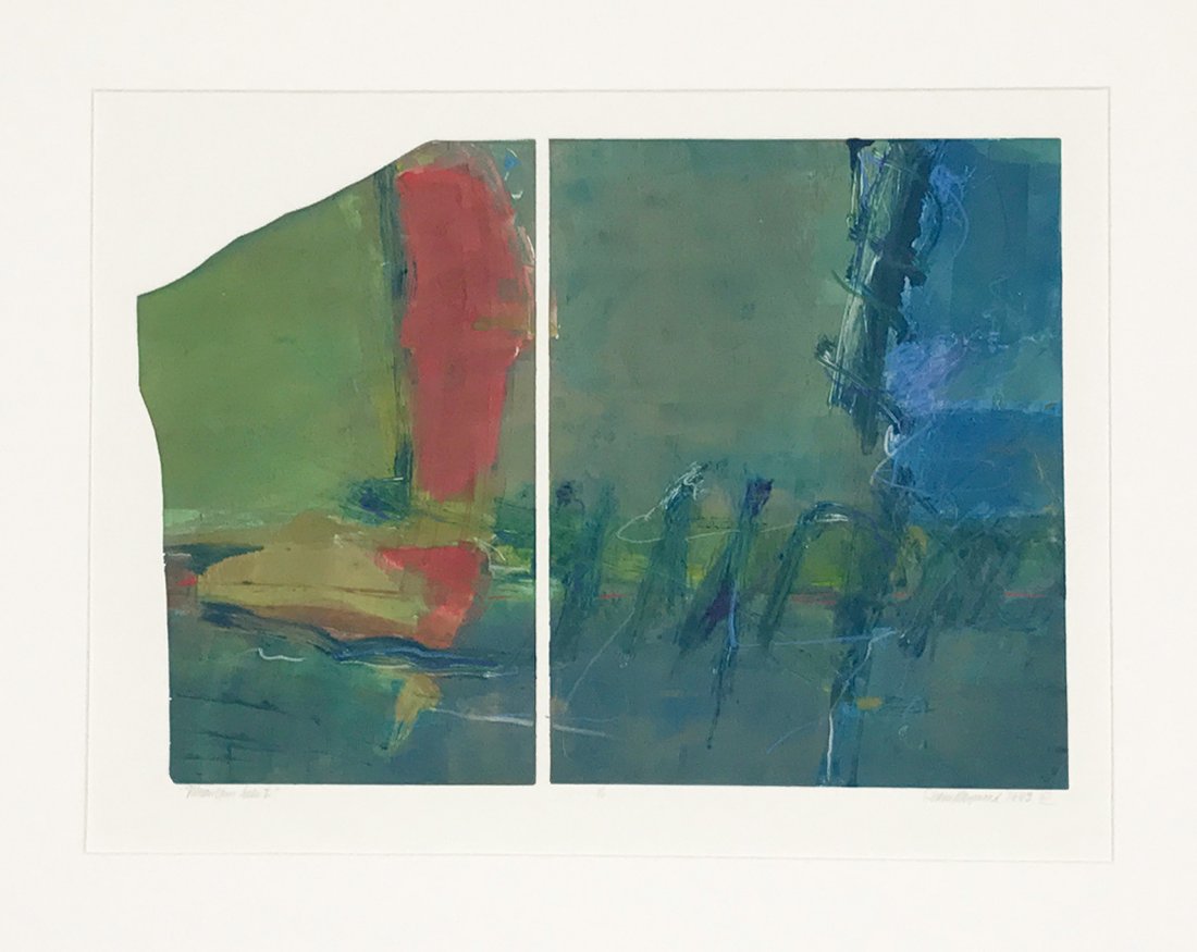 Mountain Lake I by Anne Raymond: This item is located in Denver, CO. Must be picked up in Denver, CO. "Mountain Lake I" by Anne Raymond. Monoprint, 1993. 1/1. Dimensions: Dimensions 16.5 in. H x 21.75 in. W x 1 in. D42 cm H x 55 cm W