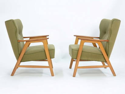 Kurt Olsen Wing Back Club Chairs in teak and Danish: A wonderful pair of Kurt Olsen Club Chair in Teak and danish Wool 34" H 26.5" W 25" D