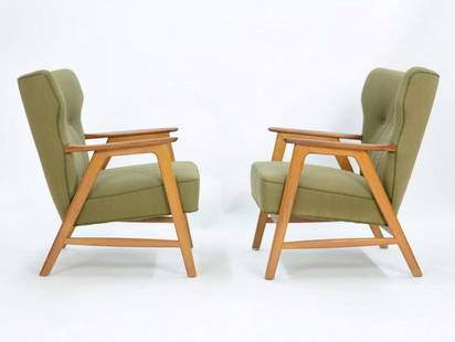 Kurt Olsen Wing Back Club Chairs in teak and Danish: A wonderful pair of Kurt Olsen Club Chair in Teak and danish Wool 34" H 26.5" W 25" D