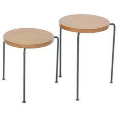 Set of Two Luther Conover Nesting Stools or Side Tables: Designed for Muriel Coleman's Pacific Design Group, this pair of mahogany and iron stools by Luther Conover of Sausalito, CA nest neatly together. The handsome pair also feature the flat feet