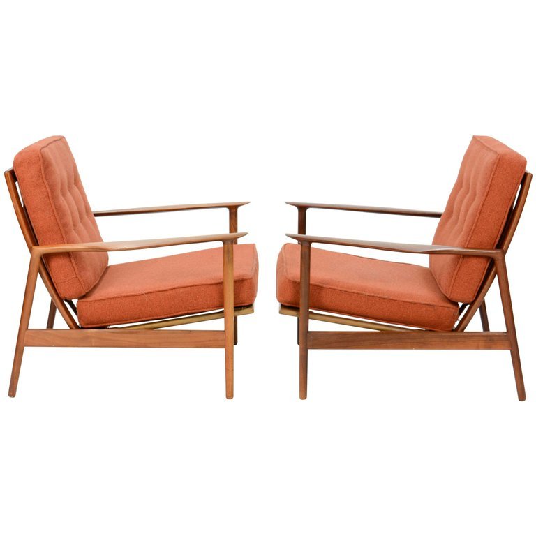 Ib Kofod-Larsen Club Chair for Selig in Teak and Burnt: Ib Kofod-Larsen club chair for Selig in teak and burnt orange Danish wool. The chairs features the sculptural flared arms and refined backs rests.28 in.Hx30 in.Wx32 in.D Arm height is 20" and the seat