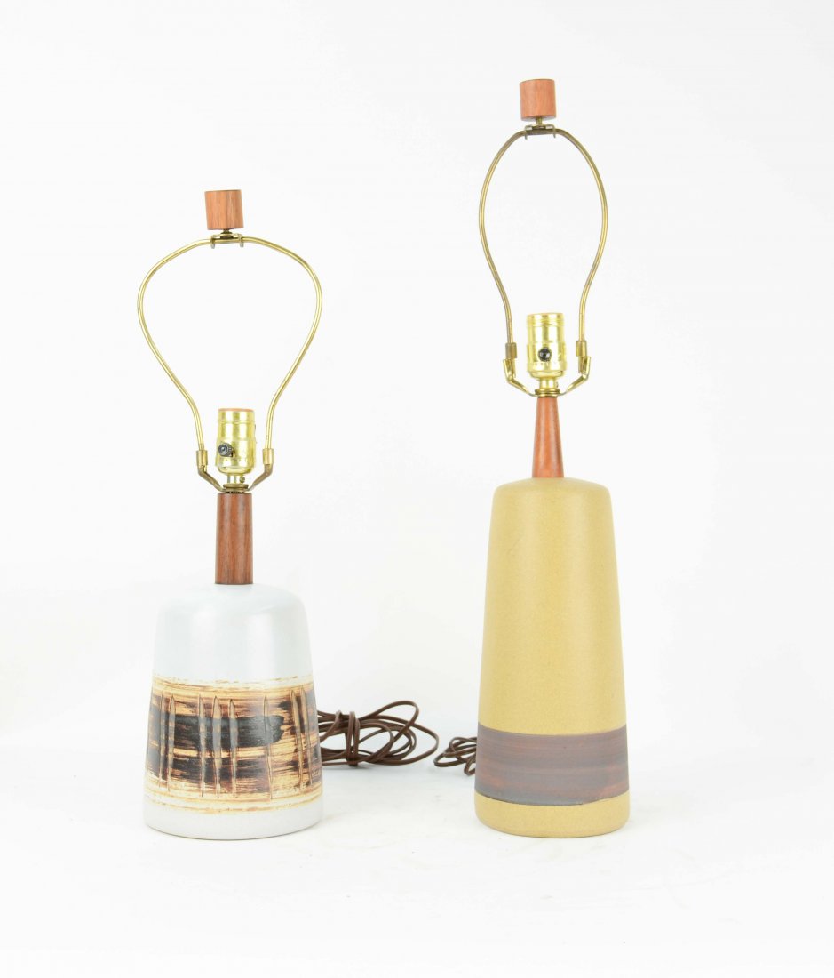 A Pair of Gordon and Jane Martz Lamps: A Pair of Gordon and Jane Martz Lamps for Marshall studios. White lamp is 21.5" H and 7" diameter and other is 24" H and 5" in diameter
