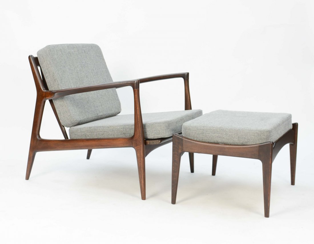 Ib Kofod Larsen Flair Arm Club Chair and Ottoman: Ib Kofod Larsen Flair Arm Club Chair and Ottoman of Selig of Denmark. A wonderful Set that has been refinished and newly upholstered. The set has it's early Selig Danish button on both pieces Chair is