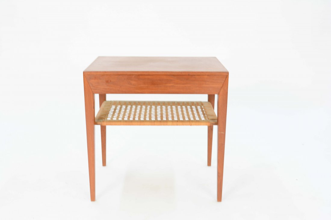 Severin Hansen Teak Nightstand for Haslev Møbelsnedker: Severin Hansen Teak Nightstand for Haslev Møbelsnedkeri from Denamrk with a caned lower shelf. The table has the marker's mark and danish control label. 19.75" H 19.5" W 13.75" D