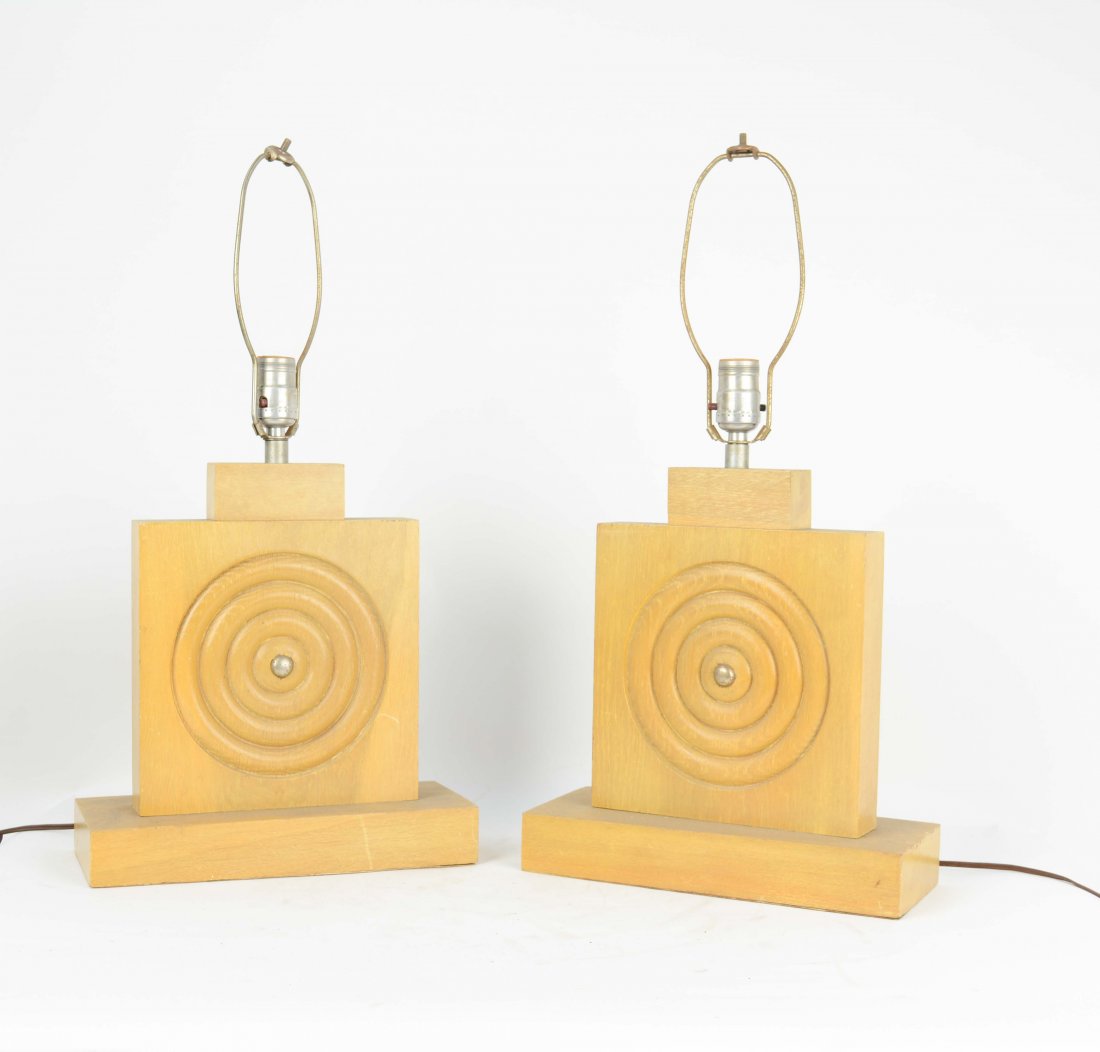 A Pair of Bull Eye's Motif Table Lamps in Oak (1 of 3)