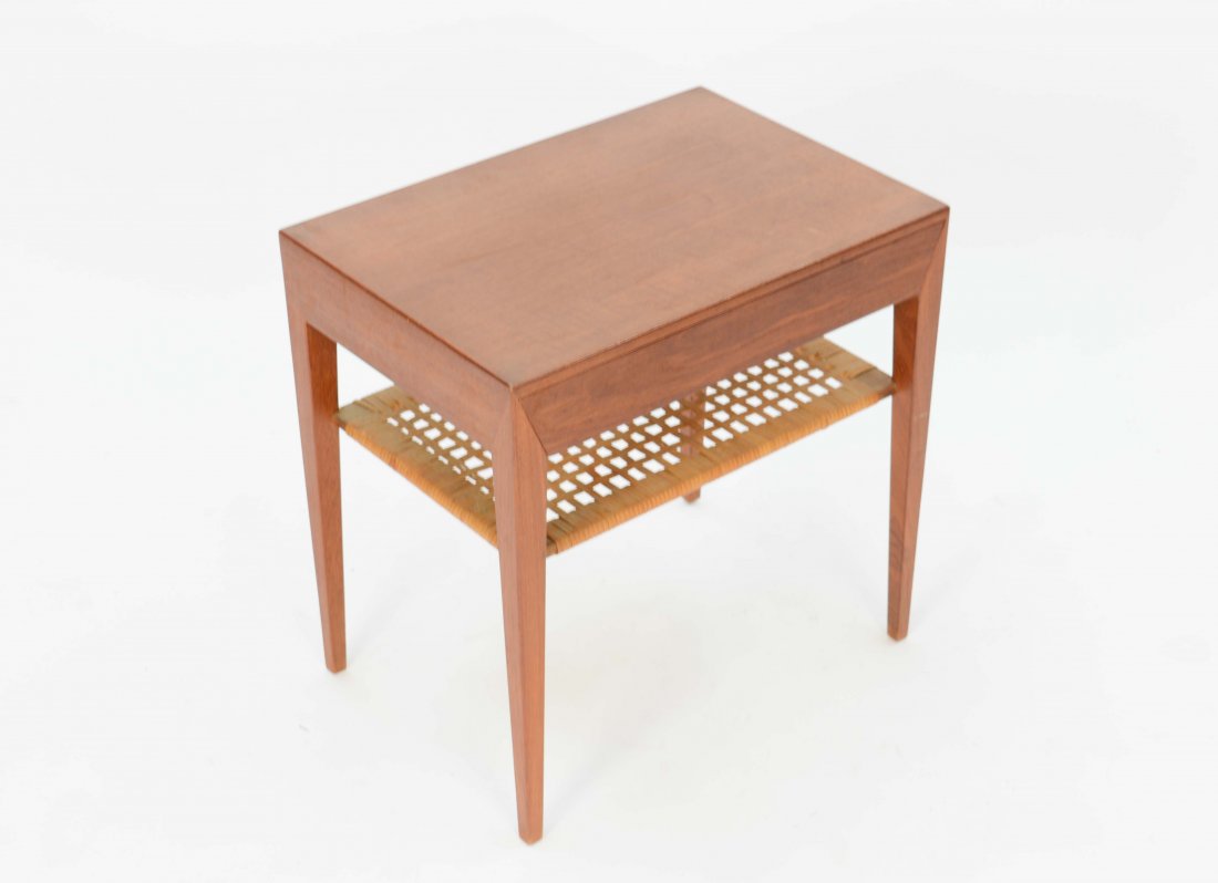 Severin Hansen Teak Nightstand for Haslev: Severin Hansen Teak Nightstand for Haslev MÃƒÂ¸belsnedkeri from Denamrk with a caned lower shelf. The table has the marker's mark and danish control label. 19.75" H 19.5" W 13.75" D