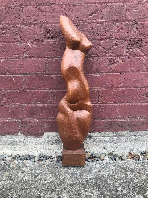 Eve, Wood Sculpture by Nywall after Henry Moore: This is a stunning carving heavily influence by modernists like Henry Moore and Noguchi. The piece is titled "EVE" by Nywall and dated 1962. 25" H 6.5 W 4 D. Front of base is marked with Artist 's cip
