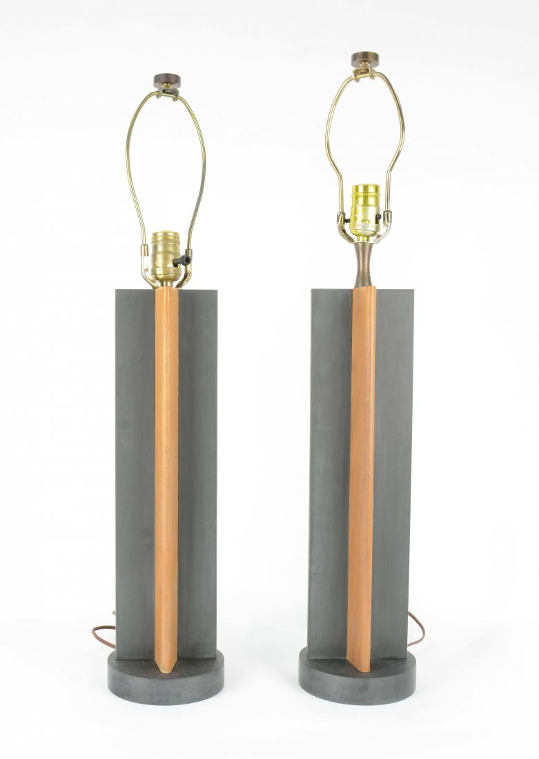 Handsome Teak and Slate Table Lamps: A very handsome set of Teak and Slate Table Lamps 22" H 5" diameter by Harps well of Maine