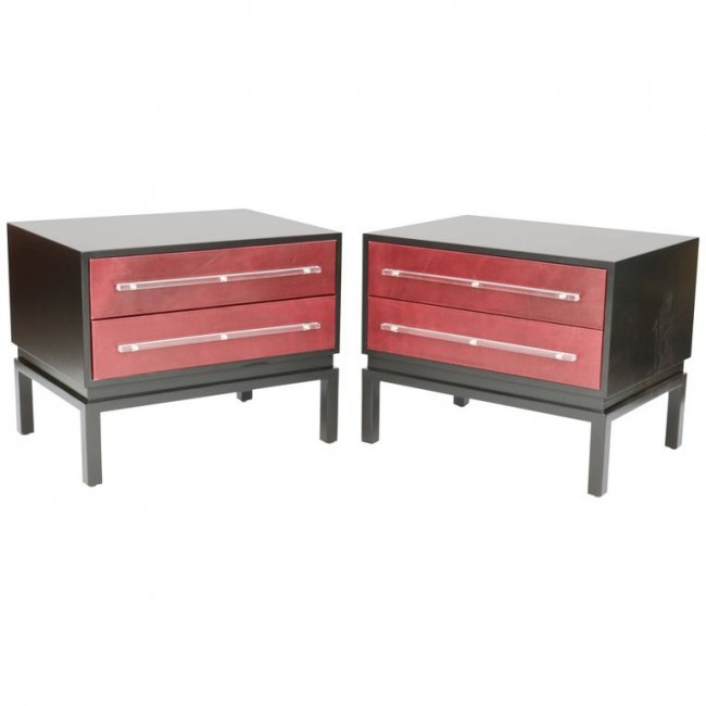 Pair of Monumental Night Stands after Paul Laszlo: A wonderful and handsome pair of monumental nightstands after Paul Laszlo with leather fronts and Lucite pulls. The drawer have new glides and the Lucite and leather has been freshly recut and replace