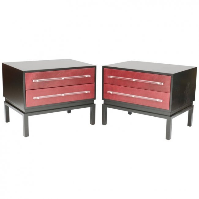 Pair of Monumental Night Stands after Paul Laszlo: A wonderful and handsome pair of monumental nightstands after Paul Laszlo with leather fronts and Lucite pulls. The drawer have new glides and the Lucite and leather has been freshly recut and replace