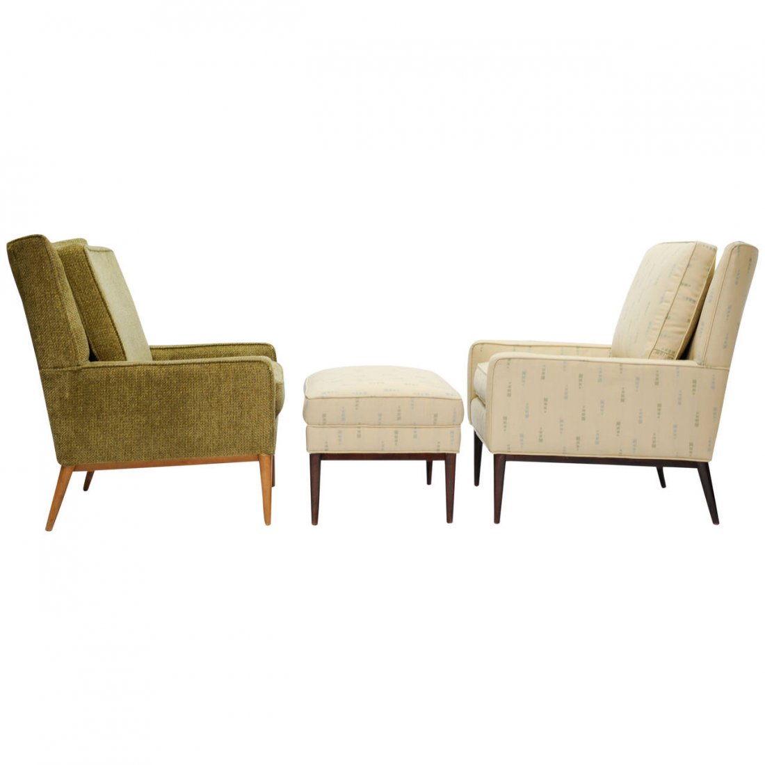 Paul McCobb 1312 High Back Club Chairs & 314 Ottoman: This is a matching pair of club chairs and ottoman for Directional Furniture that are in need of new upholstery. One chair needs to have the wood matched to the other chair and ottoman. Arm height is 