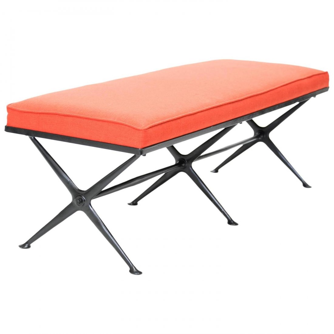 Wonderful Thinline Bench with Elegant Feet: A wonderful thinline bench done in a red canvas which features its elegant feet. \ Height: 18 in.\ Width: 4 ft. 4 in.\ Depth: 18.5 in.\. (Key Word Search: Edward Wormley, Laszlo, Dunbar, Harvey Probbe