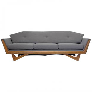 Adrain Pearsall Gondola Sofa: An Adrian Pearsall Gondola sofa in new fabric with a walnut frame.Dimensions: \ Height: 28 in.\ Width: 7 ft. 5 in.\ Depth: 32 in.\. (Key Word Search: Edward Wormley, Laszlo, Dunbar, Harvey Probber, T.