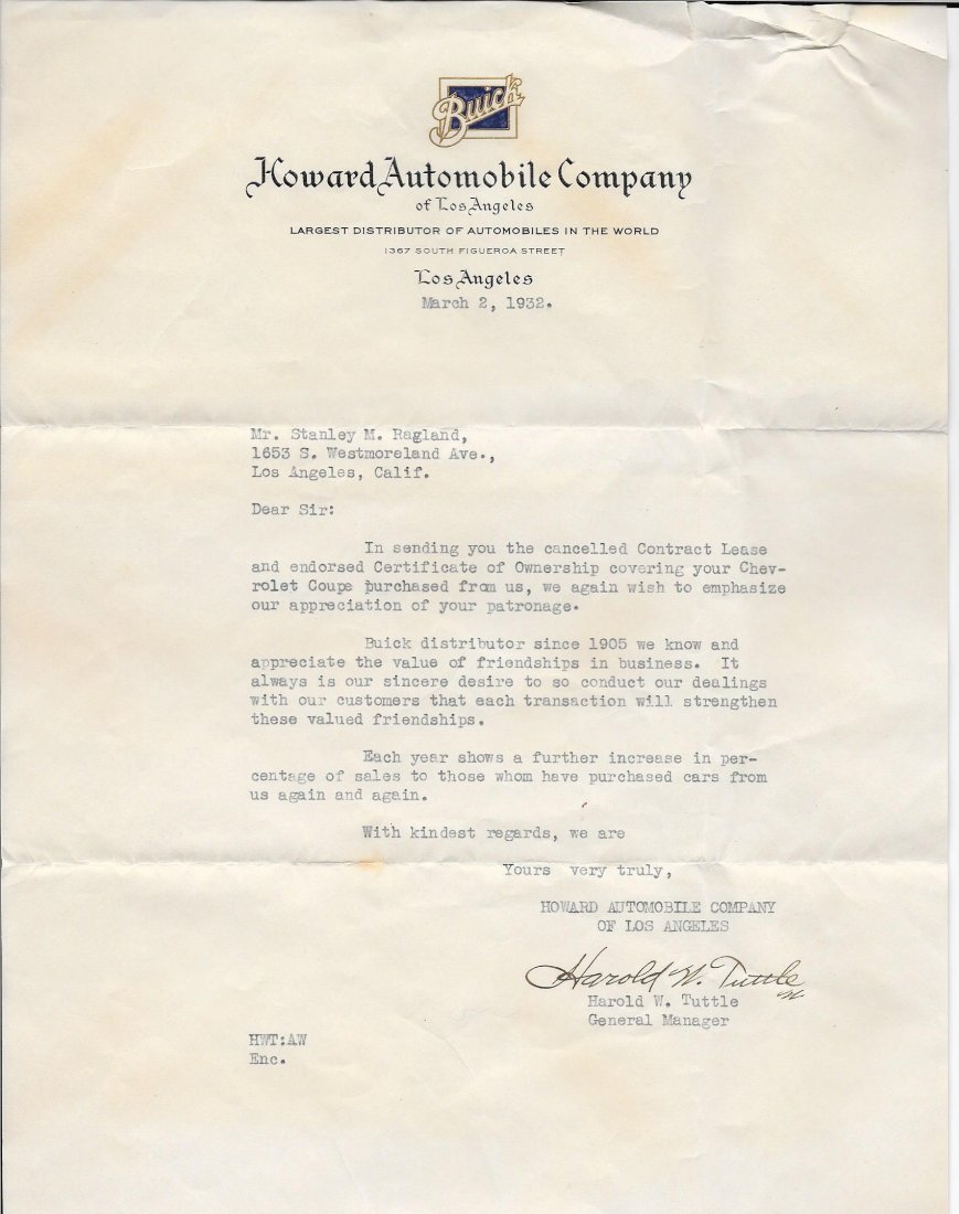 Letter From Howard Automobile Company - 1932 (1 of 1)