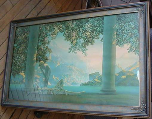 1922 Maxfield Parrish "Daybreak"- Chromolithograph: Maxfield Parrish -"Daybreak"- chromolithograph, 1922; colors slightly faded; original frame. 18 x 30" $150-250
