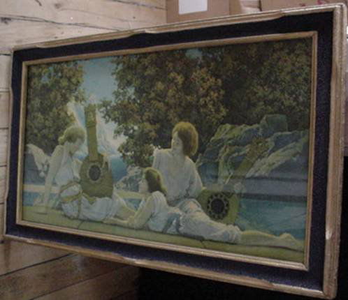 Maxfield Parrish "Lute Players" Chromolithograph: Maxfield Parrish -"Lute Players"- chromolithograph, 1922; some fading of colors; original frame. 9 1/2 x 17 1/2" $150-250