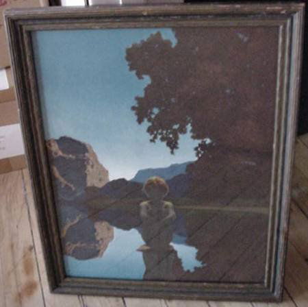 Maxfield Parrish "Evening" 1922 Chromolithograph: Maxfield Parrish -"Evening"- chromolithograph, 1922; colors faded somewhat; original frame. 14 1/2 x 11 1/2" $100-200