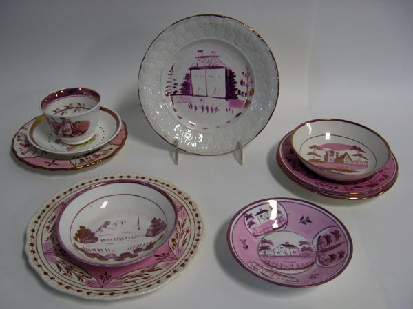 Ten mixed pieces of Pink Lustre. The group include: Ten mixed pieces of Pink Lustre. The group includes cup and saucer with mother and child at play, farm scene plate with embossed rim, three scenic sauce dishes and three handkerchief design plates. So