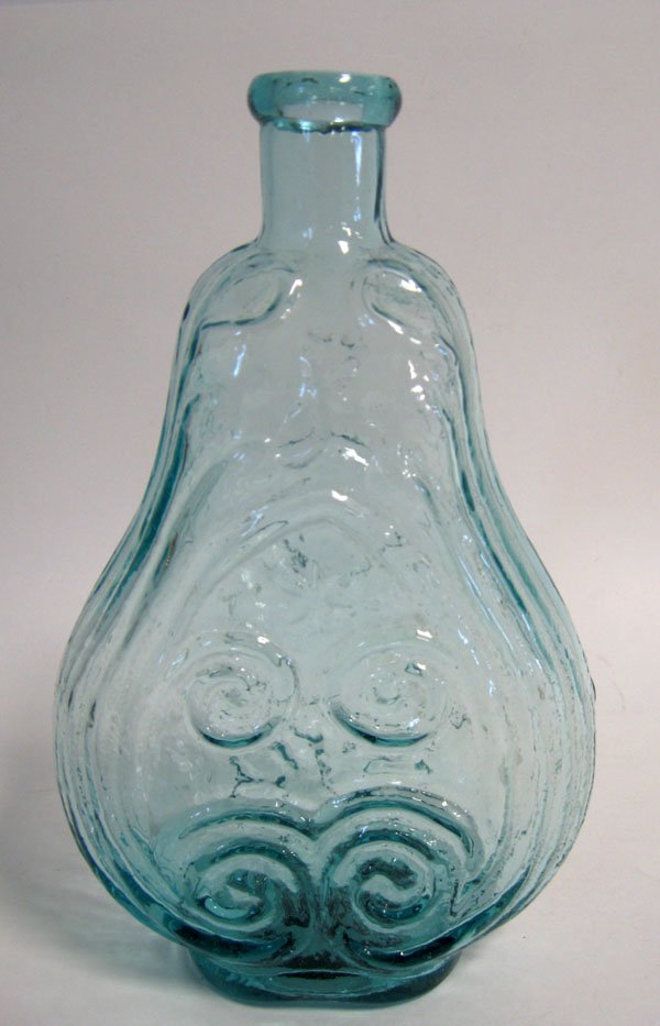 Mid-western scroll flask, aqua color, iron pontil : Mid-western scroll flask, aqua color, iron pontil mark. 9''h.