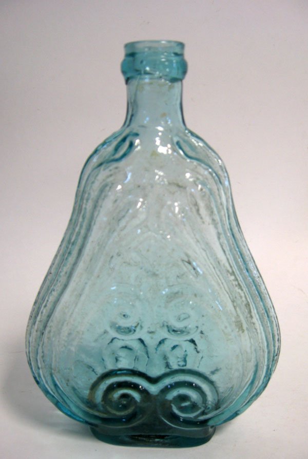 Ravenna scroll flask. Aqua color, iron pontil mark: Ravenna scroll flask. Aqua color, iron pontil mark. 7 1/4''h.