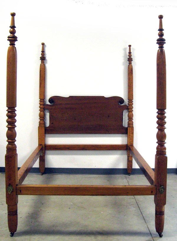 Tall poster bed with turned birdseye and maple pos: Tall poster bed with turned birdseye and maple posts, a figural poplar headboard converted to full size. Restored condition. 81''h. 58''w.83''l. overall.
