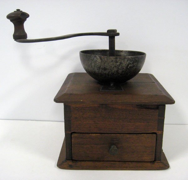 Wooden coffee mill, walnut, dovetailed. Appropriate : Wooden coffee mill, walnut, dovetailed. Appropriate age wear. 9 1/2''h.x7''square. $40-80