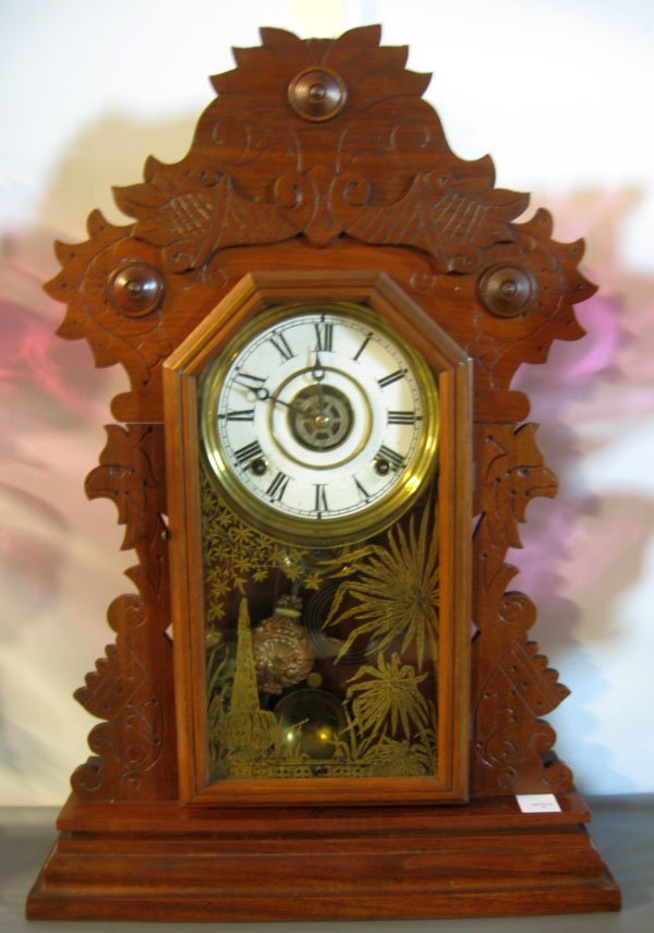 17 E. Ingraham gingerbread mantel clock, walnut with r