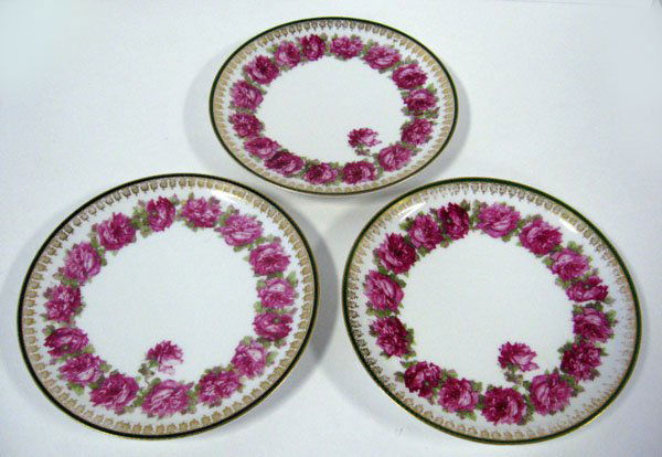 Three Haviland ''Drop Rose'' plates, deep rose with: Three Haviland ''Drop Rose'' plates, deep rose with green border. Good condition. 8 1/2''dia. $60-90